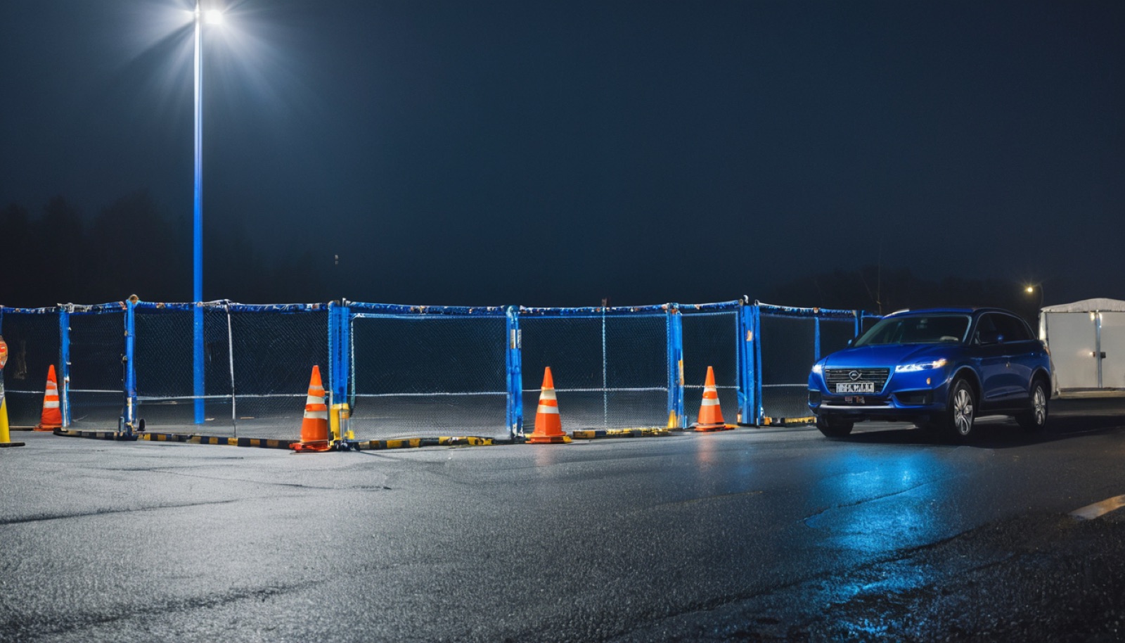 Checkpoint veicular de evento à noite: vedação iluminada, cones e um veículo a aproximar-se sob luz de torre.